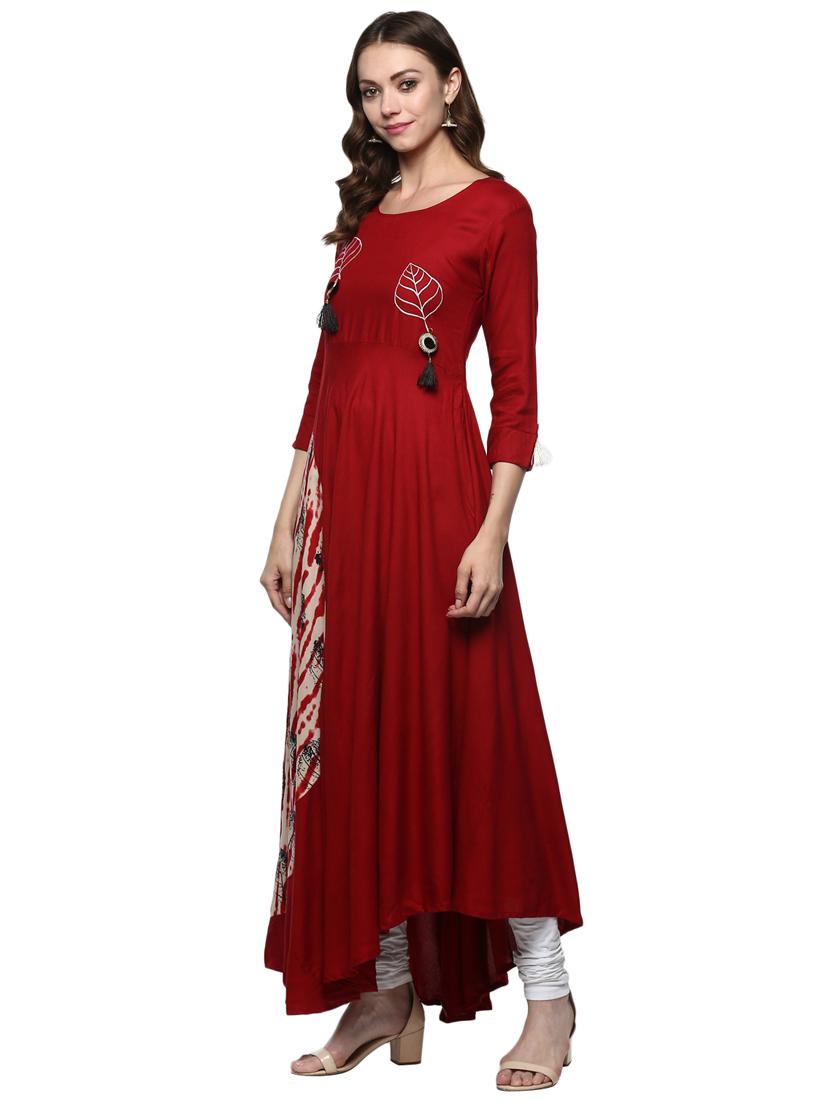 maroon rayon flared kurta - 15059595 - Zoom Image - 2
