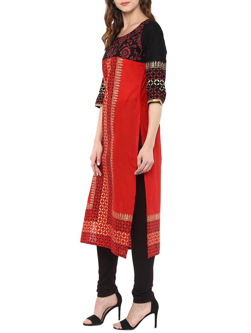 Red cotton straight kurta - 15060221 - Zoom Image - 2