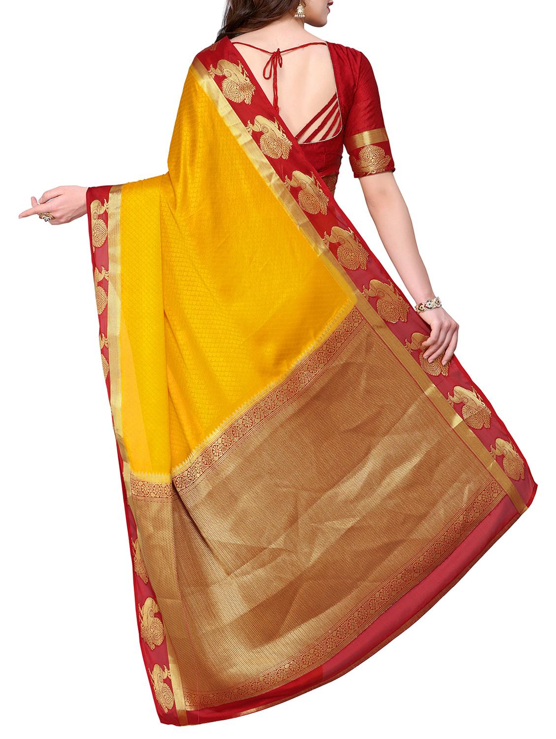yellow crepe kanjivaram saree with blouse - 15063700 - Zoom Image - 2