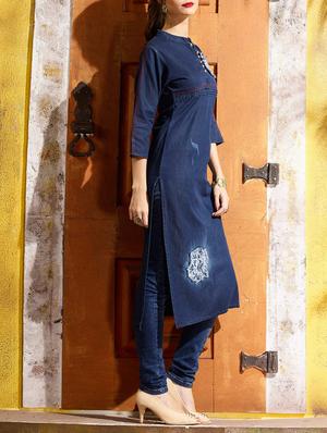blue denim straight kurta - 15064179 - Standard Image - 2