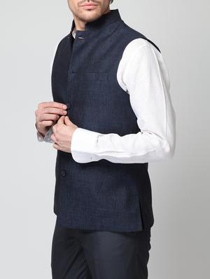 navy blue linen nehru jacket - 15064356 - Standard Image - 2