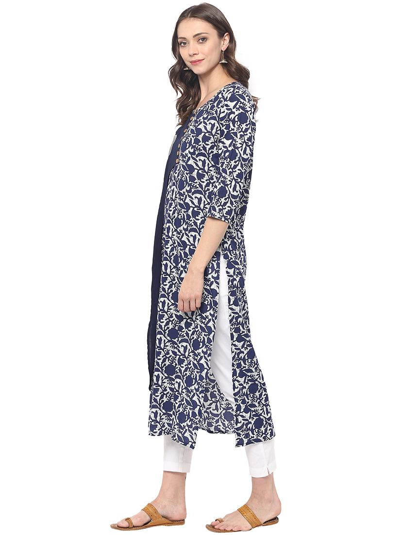Blue cotton layered kurta - 15065113 - Zoom Image - 2