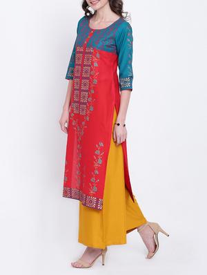 red cotton straight kurta - 15069435 - Standard Image - 2