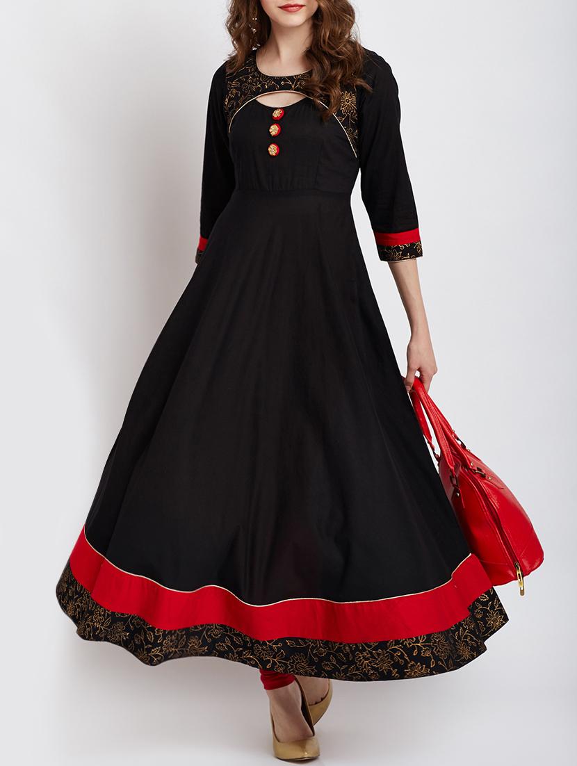 black cotton solid kurta - 15070135 - Zoom Image - 2