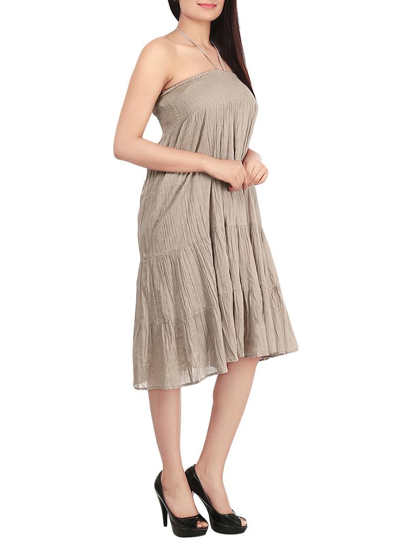 brown solid cotton off shoulder dress - 15072062 - Zoom Image - 2