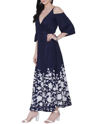 navy blue printed cold shoulder maxi dress - 15077425 - Standard Image - 2
