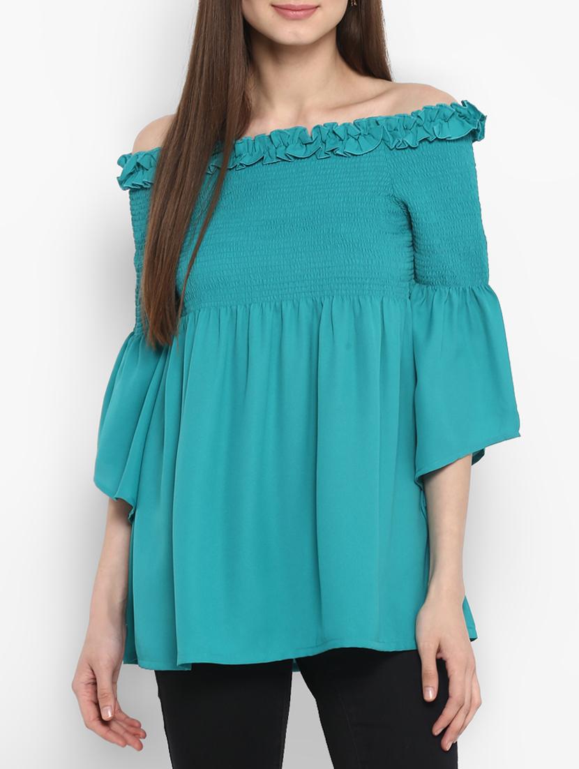 blue solid a-line off shoulder tunic