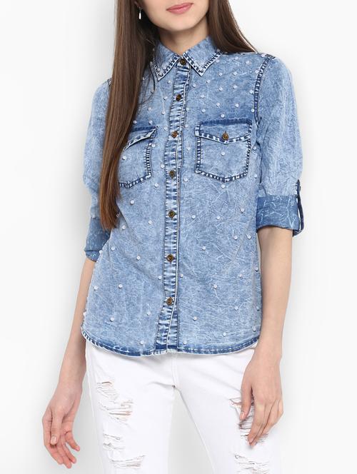 light blue solid embellished denim shirt - 15085661 - Standard Image - 1