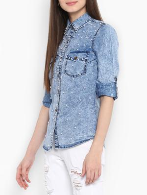 light blue solid embellished denim shirt - 15085661 - Standard Image - 2