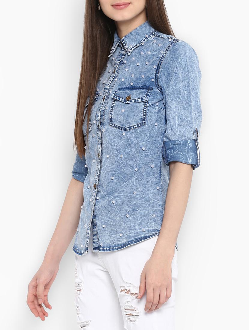 light blue solid embellished denim shirt - 15085661 - Zoom Image - 2