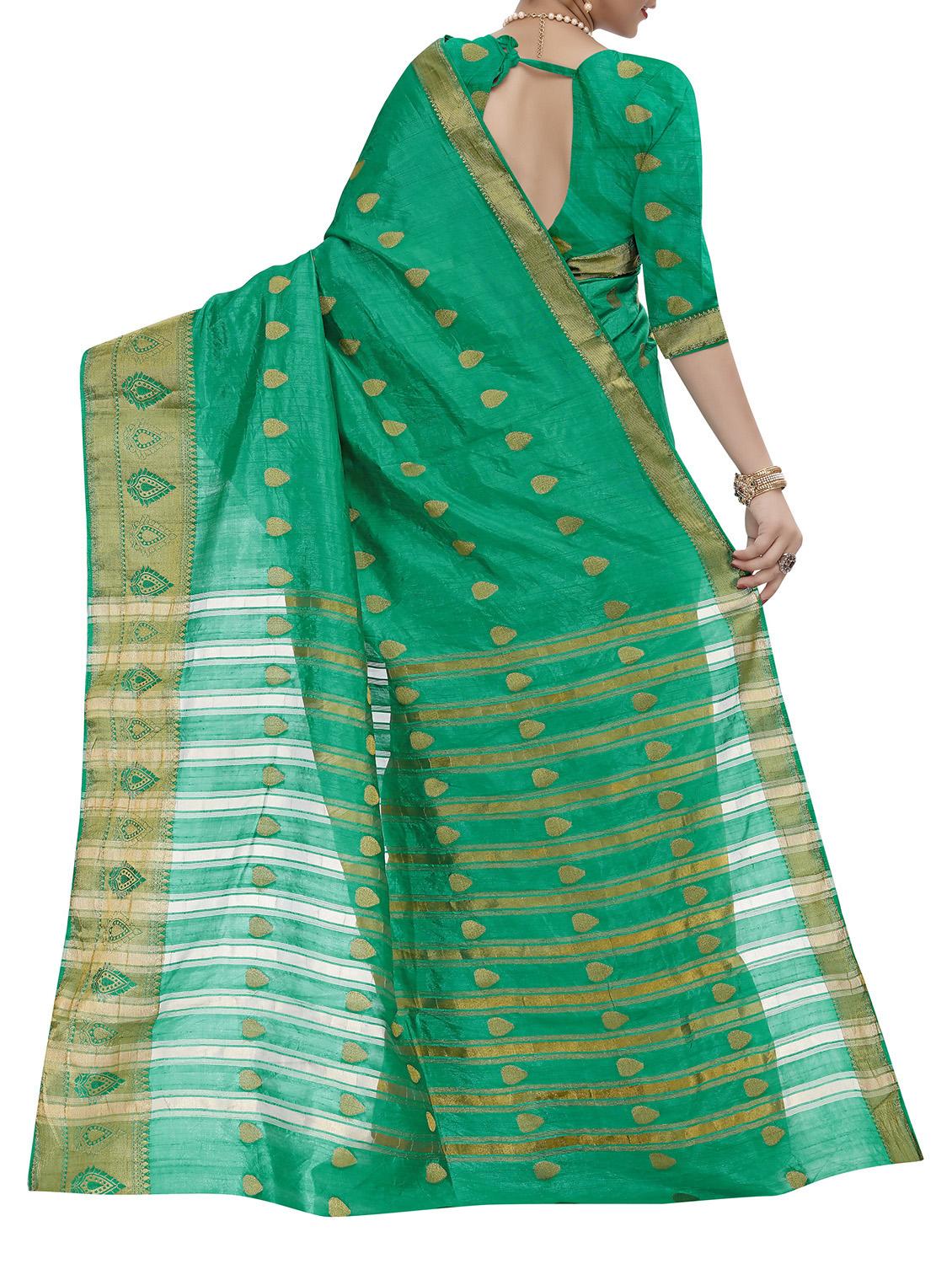 turquoise silk blend banarasi saree with blouse - 15086157 - Zoom Image - 2