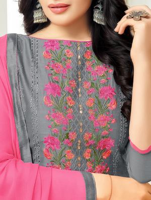 Grey cotton unstitched churidaar suit - 15086591 - Standard Image - 2