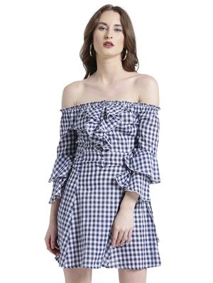 blue checkered off shoulder dress - 15092402 - Standard Image - 2