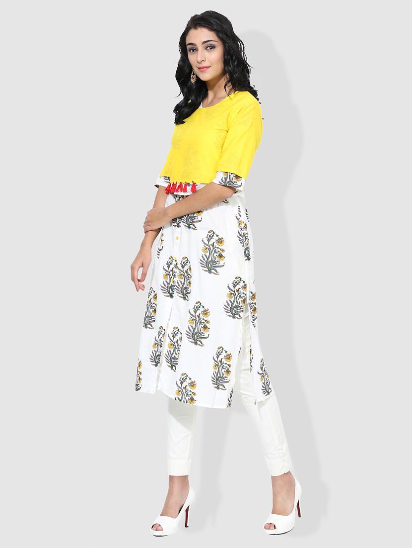 yellow cotton aline kurta - 15101230 - Zoom Image - 2