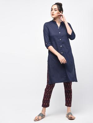 Blue cotton solid straight kurta - 15101345 - Standard Image - 2