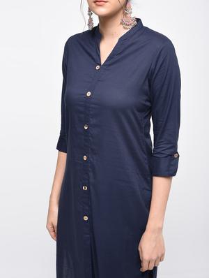 Blue cotton solid straight kurta - 15101345 - Standard Image - 5
