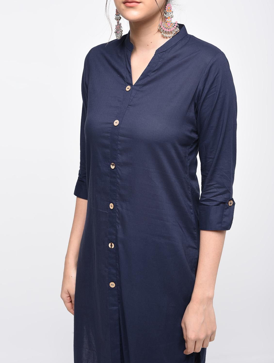 Blue cotton solid straight kurta - 15101345 - Zoom Image - 5
