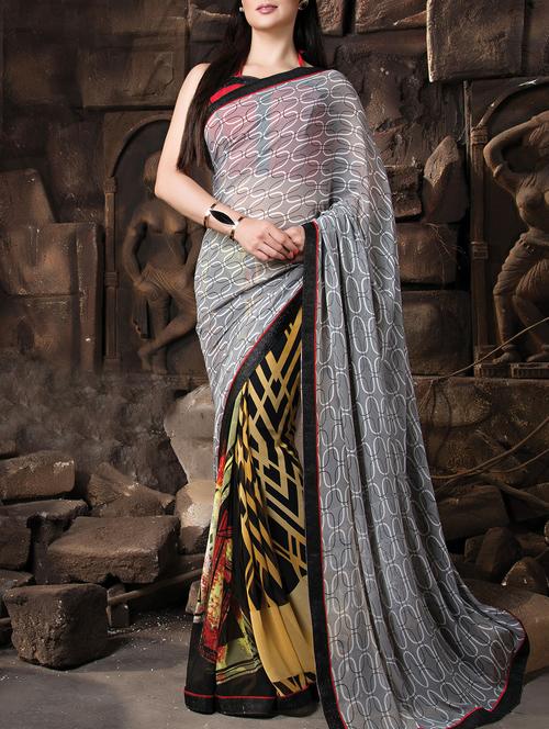 grey georgette half and half saree with blouse - 15102723 - Very Small Image - 1