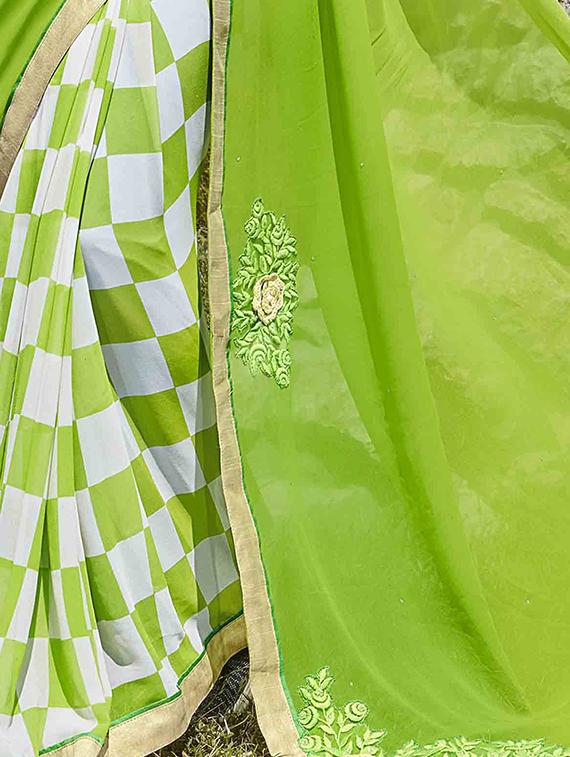 green georgette half and half saree with blouse - 15102804 - Zoom Image - 2