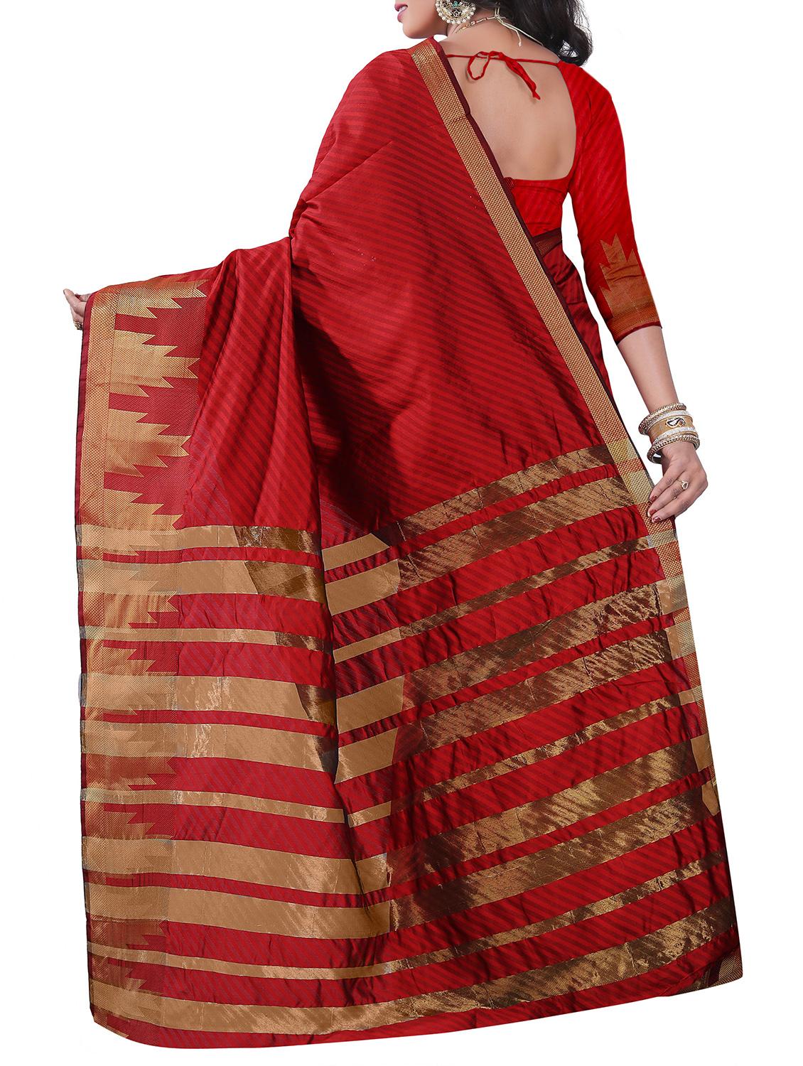 red cotton silk woven saree with blouse - 15103391 - Zoom Image - 2