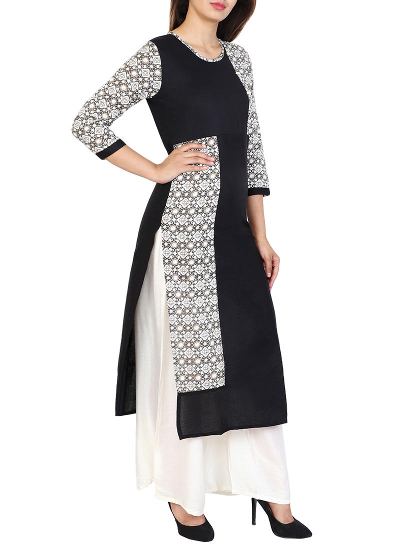 black cotton straight kurta - 15106247 - Zoom Image - 2