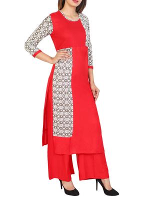 Red cotton straight kurta - 15106249 - Standard Image - 2