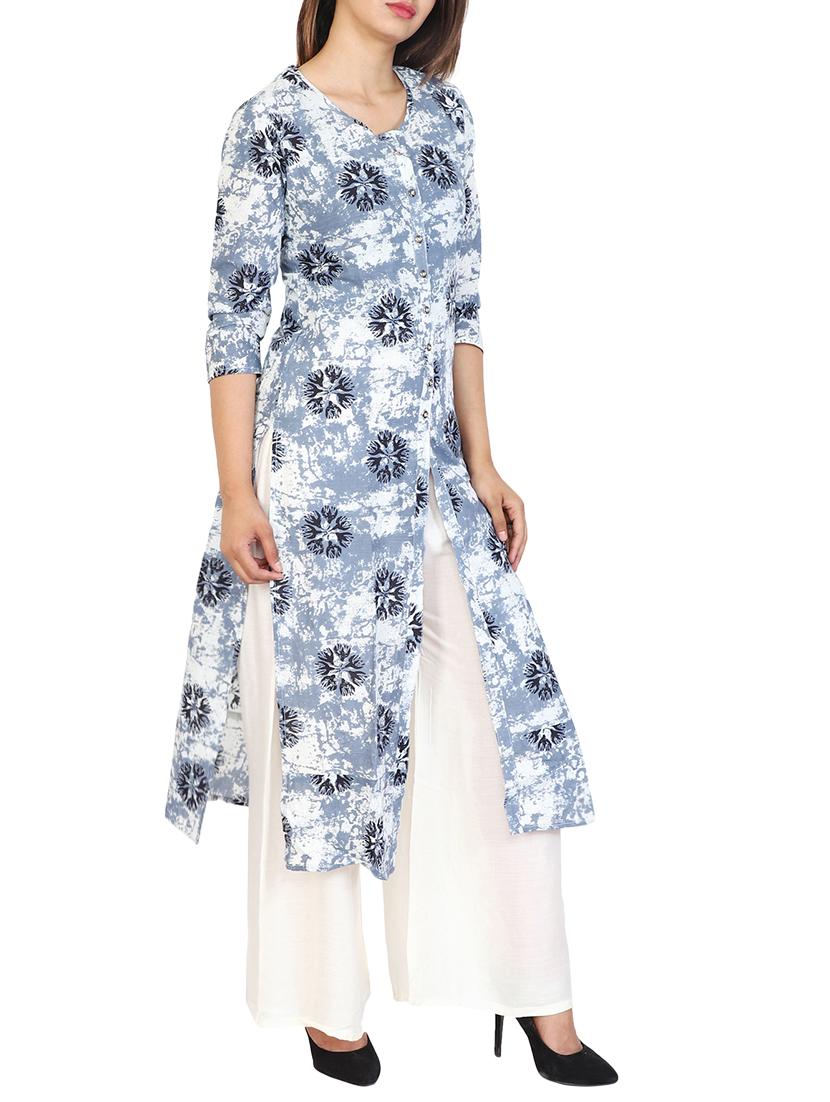 blue cotton straight kurta - 15106260 - Zoom Image - 2
