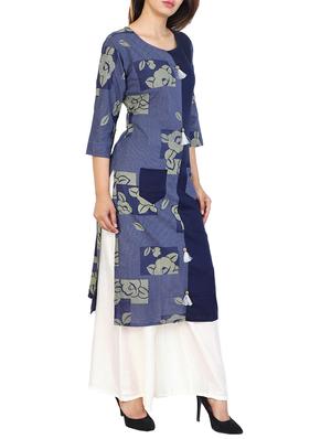 blue cotton straight kurta - 15106264 - Standard Image - 2