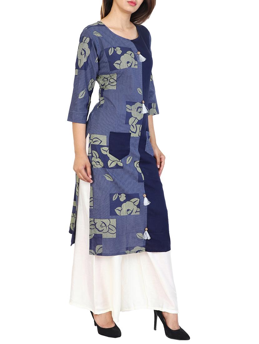 blue cotton straight kurta - 15106264 - Zoom Image - 2