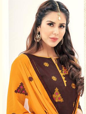 brown embroidered unstitched churidaar suit - 15108383 - Standard Image - 2