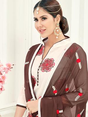 white embroidered unstitched churidaar suit - 15108392 - Standard Image - 2