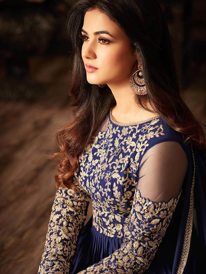 blue embroidered semi-stitched flared suit - 15109066 - Zoom Image - 2