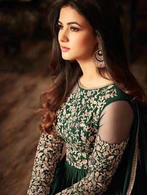Green embroidered semi-stitched flared suit - 15109067 - Standard Image - 2