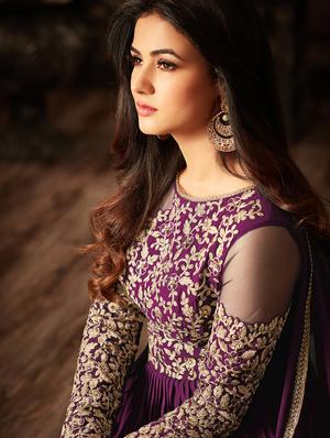 Purple embroidered semi-stitched flared suit - 15109069 - Standard Image - 2