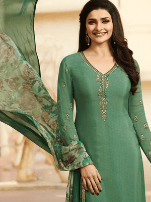 Green embroidered semi-stitched churidaar suit - 15113231 - Standard Image - 2