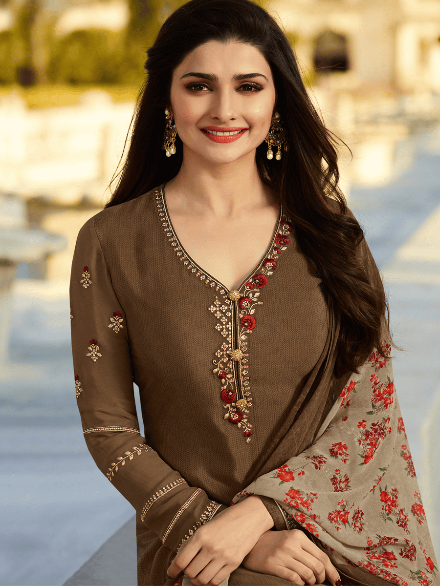 Brown embroidered semi-stitched churidaar suit - 15113233 - Zoom Image - 2