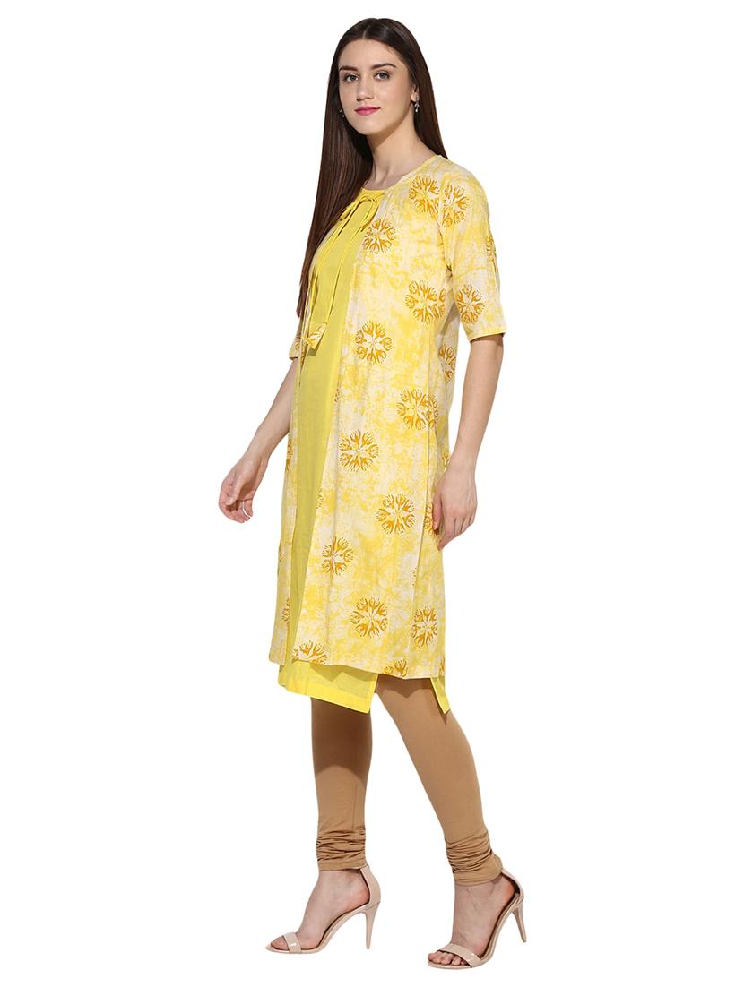 yellow cotton layered kurta - 15113421 - Zoom Image - 2