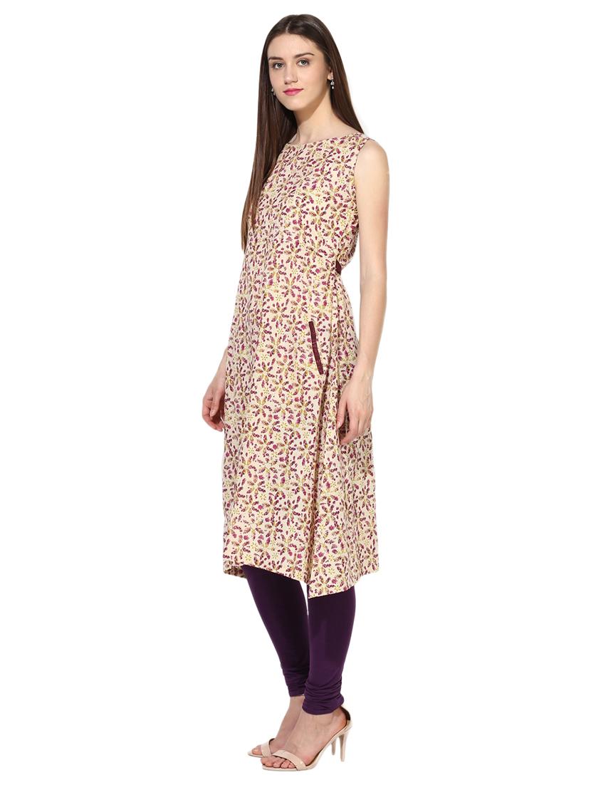 beige cotton a-line kurta - 15113432 - Zoom Image - 2