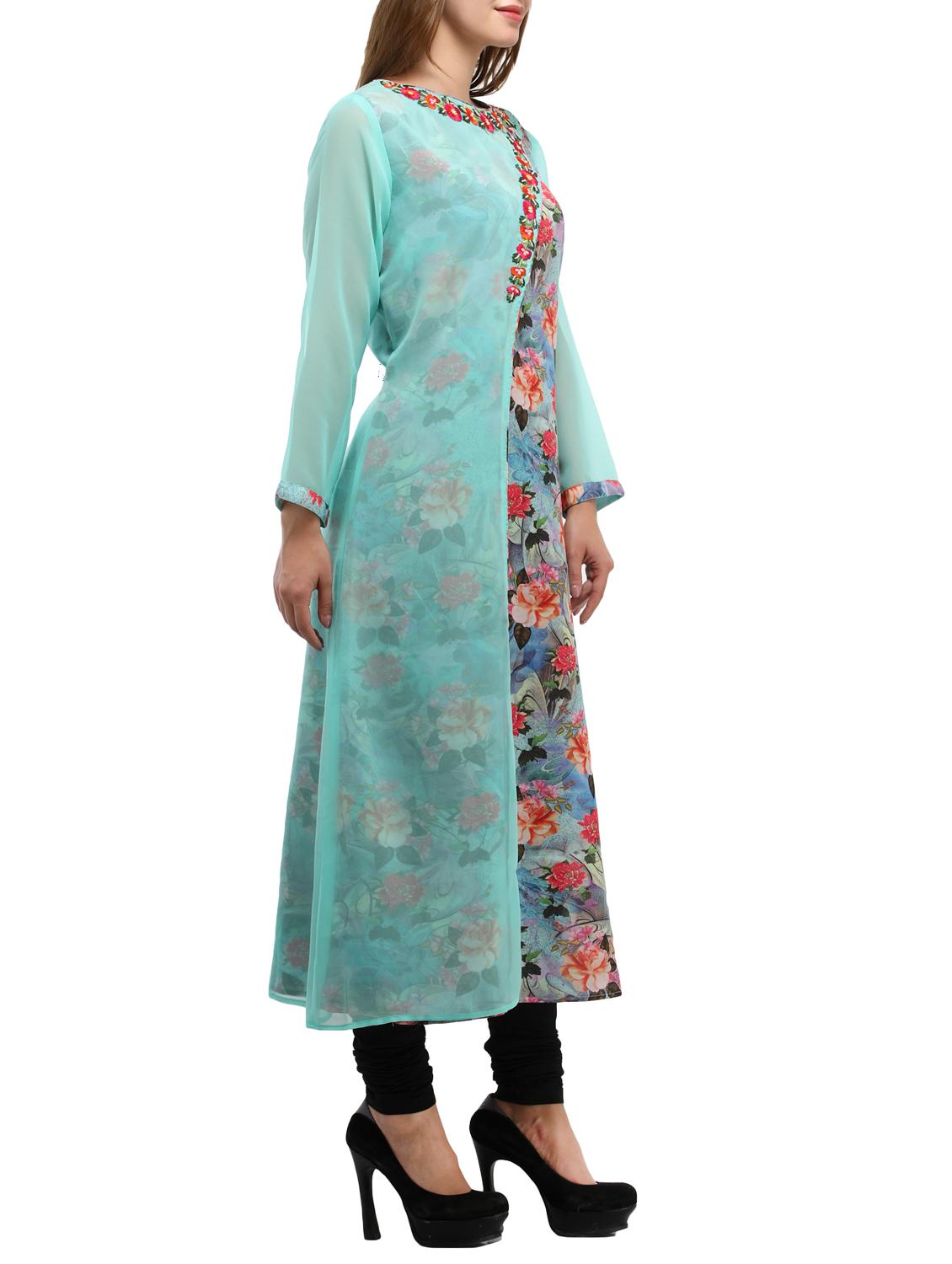 sky blue cotton blend a-line kurta - 15113691 - Zoom Image - 2
