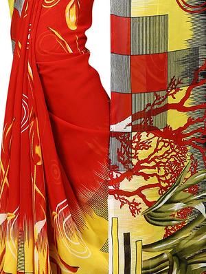 Red printed saree with blouse - 15113816 - Standard Image - 2