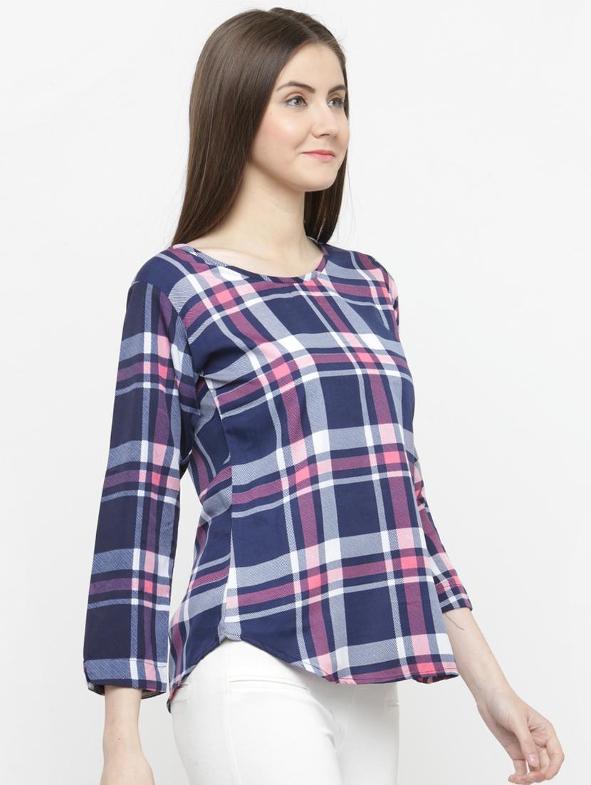 blue checkered crepe top - 15115069 - Zoom Image - 2