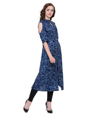 blue rayon cold sleeves a-line kurta - 15115346 - Standard Image - 2