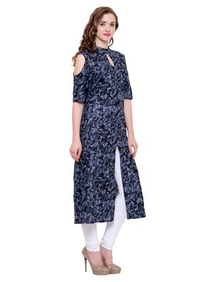 Blue rayon cold sleeves a-line kurta - 15115347 - Standard Image - 2