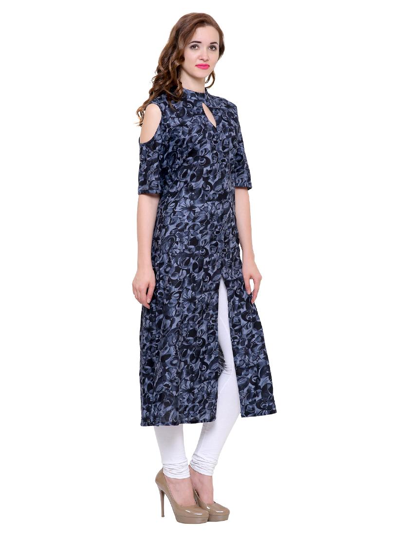 Blue rayon cold sleeves a-line kurta - 15115347 - Zoom Image - 2
