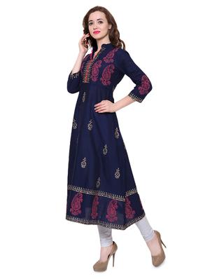 blue cotton flared kurta - 15115348 - Standard Image - 2