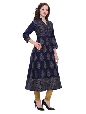 blue cotton flared kurta - 15115349 - Standard Image - 2
