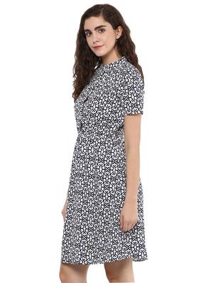 navy blue printed crepe a-line dress - 15117162 - Standard Image - 2