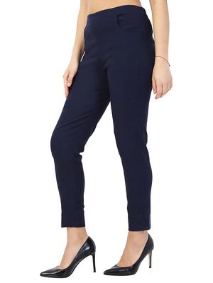 navy blue solid front trousers - 15117177 - Standard Image - 2