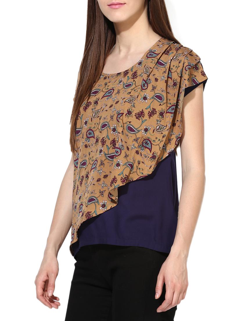 brown printed rayon layered top - 15117445 - Zoom Image - 2