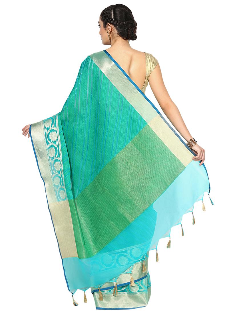 turquoise cotton silk woven saree with blouse - 15118905 - Zoom Image - 2